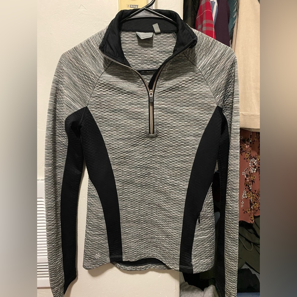 Athleta Womens XS Grey Black Quilted Honeycomb 1/4 Zip Pullover Thumbhole Top